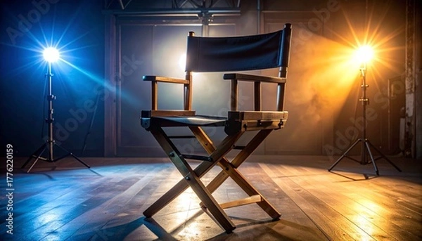 Obraz Cinematic studio setup with black director’s chair and dramatic lighting.
