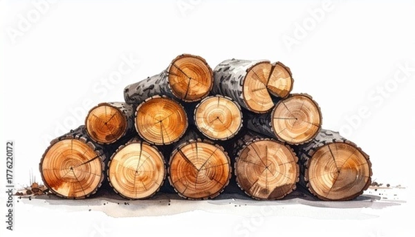 Obraz Triangular stack of cut logs with exposed circular ends on white background.