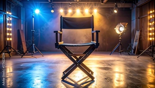 Obraz Cinematic studio setup with black director’s chair and dramatic lighting.