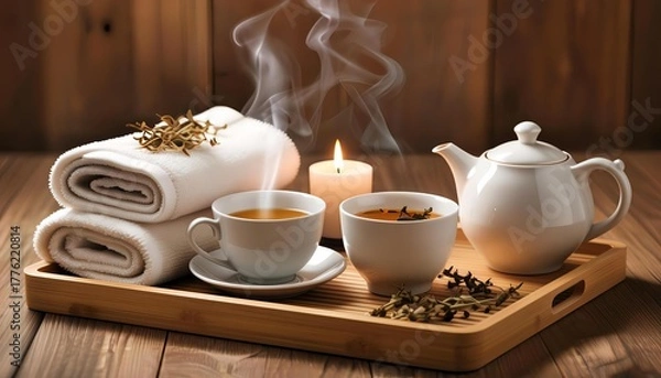 Fototapeta a tea ceremony with tea cups and towels on a tray