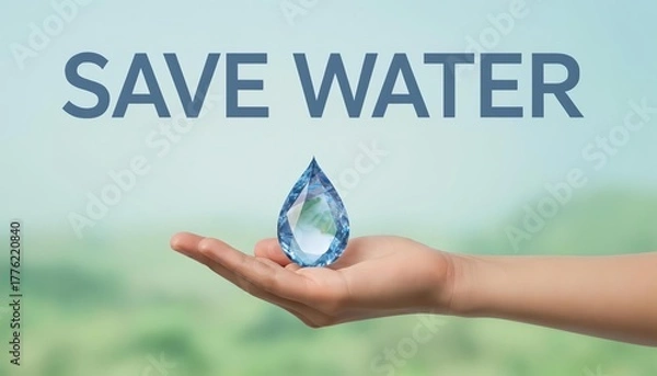 Fototapeta a banner with the message "Save the water," with a hand holding a crystal drop