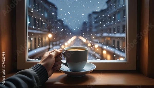 Fototapeta A man's hand holds a mug of a drink near a window, with a view of the city at night