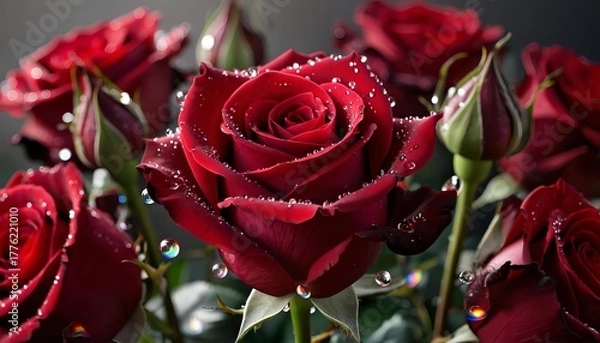 Fototapeta red roses with dewdrops on the petals