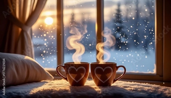 Fototapeta two cups of hot drink with a heart-shaped pattern on the windowsill