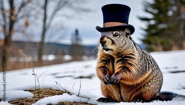 Fototapeta a groundhog with a black top hat on its head