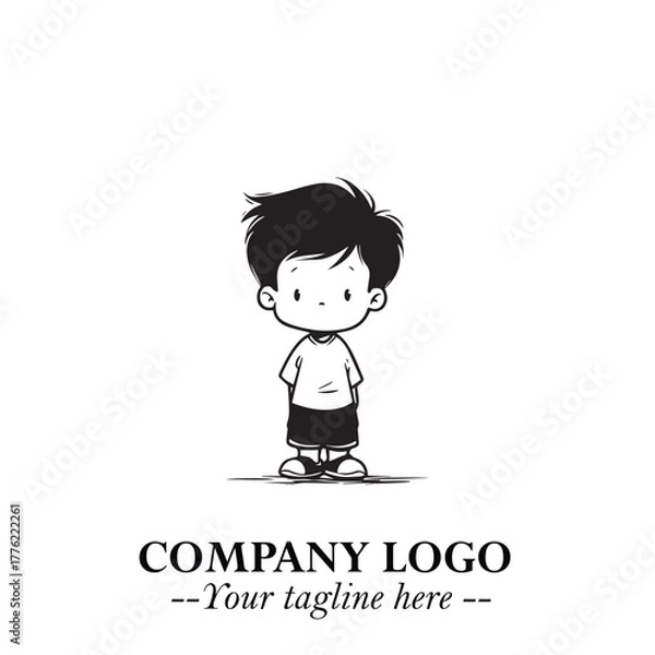 Fototapeta Black and White Chibi Boy Illustration with Jacket and Boots in Bold Thick Line Art Minimal Style