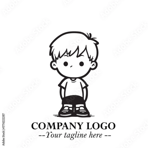 Obraz Black and White Chibi Boy Illustration with Jacket and Boots in Bold Thick Line Art Minimal Style