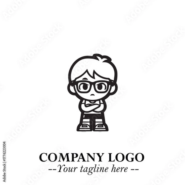 Obraz Black and White Chibi Boy Illustration with Jacket and Boots in Bold Thick Line Art Minimal Style