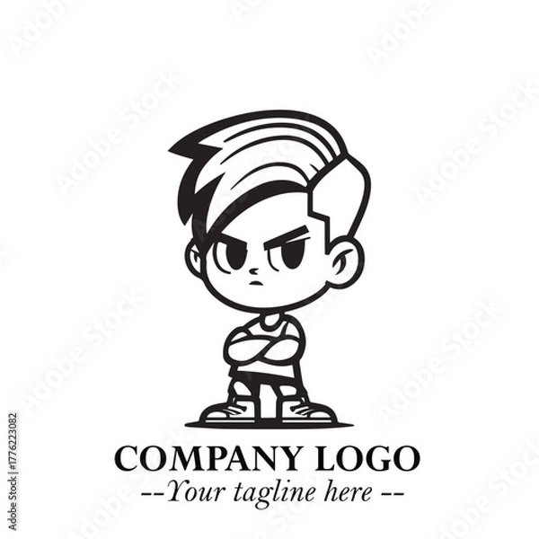 Fototapeta Black and White Chibi Boy Illustration with Jacket and Boots in Bold Thick Line Art Minimal Style