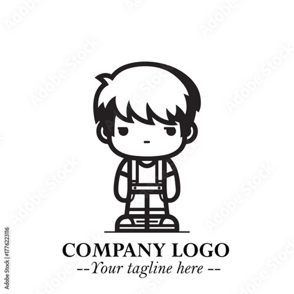 Obraz Black and White Chibi Boy Illustration with Jacket and Boots in Bold Thick Line Art Minimal Style