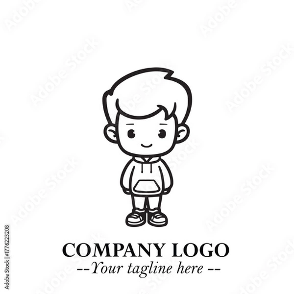 Fototapeta Black and White Chibi Boy Illustration with Jacket and Boots in Bold Thick Line Art Minimal Style