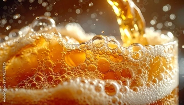 Fototapeta Golden liquid pours, creating fizz and bubbles atop a dense, opaque drink against a softly blurred background
