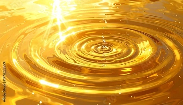 Fototapeta Golden liquid's concentric ripples emanate from a central point, illuminated by a bright, overhead light source