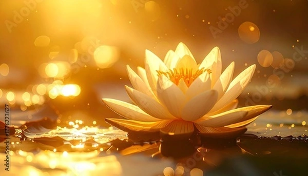 Fototapeta Golden lotus blossom gently floats on water, lit by warm, bokeh-filled sunlight. Serene & peaceful scenery