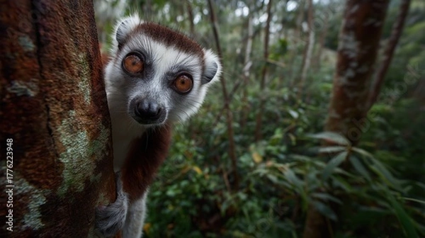 Fototapeta Curious lemur on mossy tree branch in misty rainforest