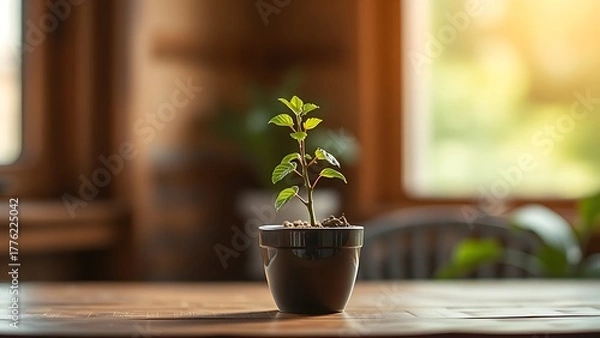 Obraz Small potted plant on a wooden table, symbolizing growth and nurtured by soft natural light.