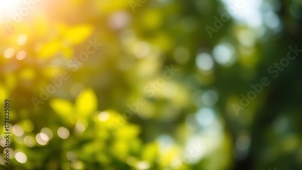 Obraz Blurred green foliage with sunlight bokeh, creating a serene nature background with shallow focus.