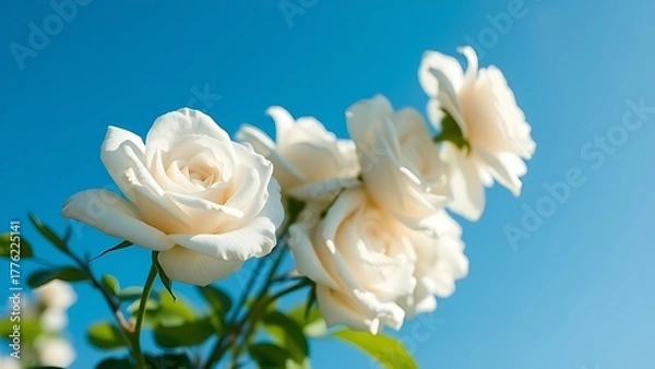 Obraz Close-up of white roses against a blue sky, bathed in natural sunlight with soft shadows for a serene spring aesthetic.