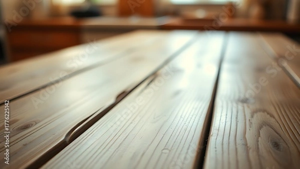 Obraz Wooden table surface close-up with natural grain texture, warm kitchen ambient light.