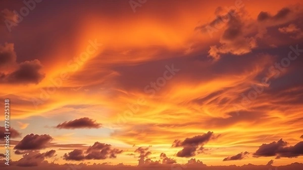 Obraz Dramatic sunrise with gradient orange and purple clouds, creating a panoramic abstract sky view.