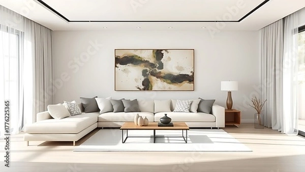 Obraz A contemporary living room with neutral tones and abstract art, bathed in natural light.