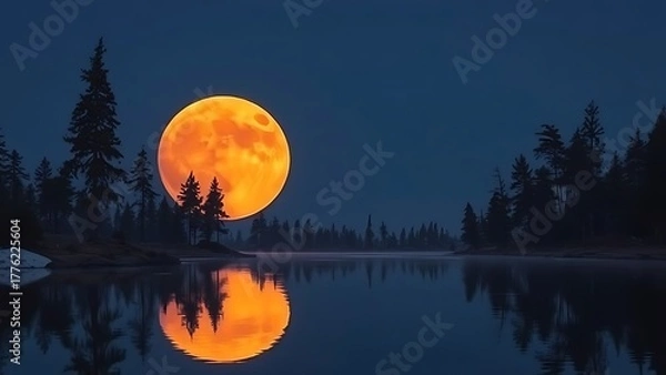 Obraz A golden-orange moon mirrored in still water, framed by pine silhouettes.