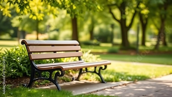 Obraz A serene park bench sits empty amidst lush greenery under natural daylight.
