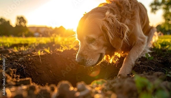 Fototapeta Golden retriever digging in dirt, bathed in golden sunset light on a field, creates a playful, nostalgic ambiance