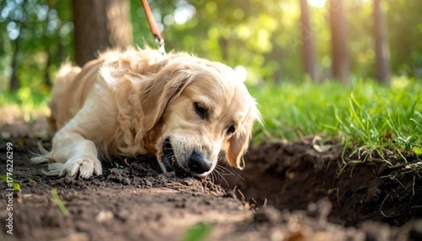 Fototapeta Golden retriever digs a hole in the ground in a park. Sun shines through the trees in the background