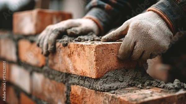 Fototapeta Close-up of bricklayer's hands carefully positioning a brick on a wall, showcasing construction precision and craftsmanship.  Focus on masonry, texture, and labor.