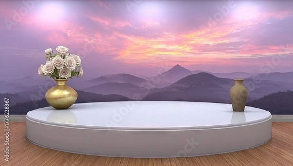 Fototapeta Stage with vases and flowers before sunset mountains.