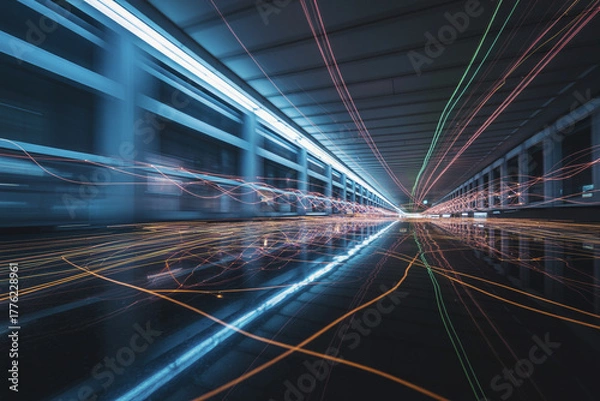 Fototapeta A trail of many multi-colored lines left by fast-moving objects.