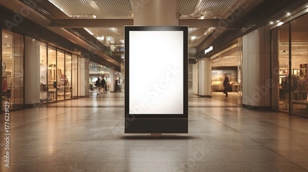 Obraz Digital billboard stands centered in a shopping mall hall with stores either side and blurred shoppers in the background to give a sense of a vibrant urban scene.
