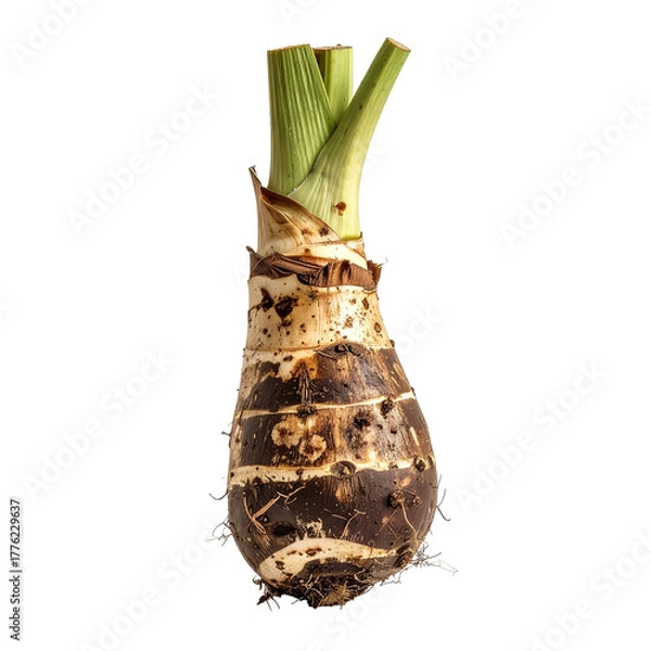 Fototapeta Isolated bulbous root vegetable with green stalks, brown skin, and dark shadows, clipart, isolated on a transparent background.