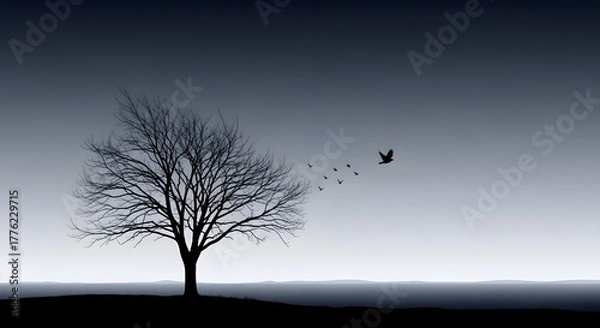 Fototapeta Simplified graphic of barren land and single tree silhouette, deep grey tones and empty sky express sadness