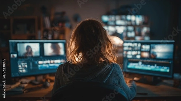 Fototapeta A woman skillfully edits video content on dual monitors in her dimly lit workspace, her back to the viewer, capturing the essence of creativity and digital artistry.
