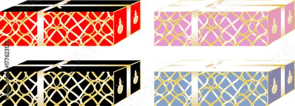 Fototapeta Christmas gifts boxes simple and elegant, decorated with ribbon around and violet, black, pink and red colors