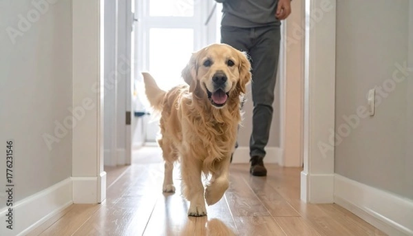 Fototapeta Golden retriever walks down hallway towards camera, led by owner, showing domestic scene with bright natural light