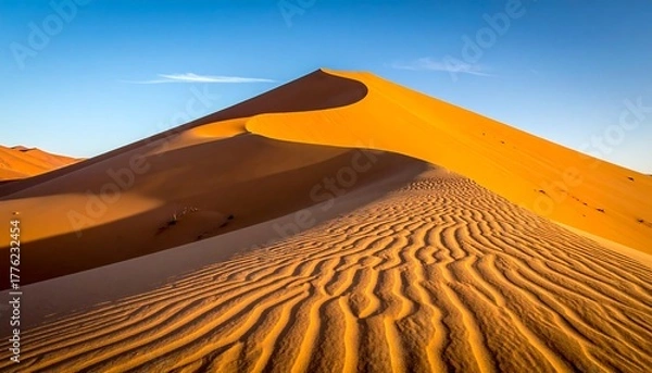Fototapeta Golden sand dune landscape under a clear blue sky, the light creating shadows and texture on the undulating surface