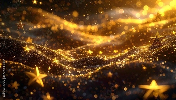 Fototapeta Golden stars float on shimmering waves of light, set against a dark background filled with bokeh sparkles