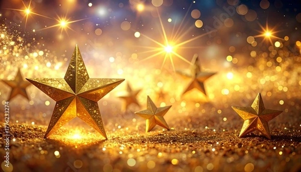 Fototapeta Golden stars stand out among sparkling golden dust with bokeh lights illuminating the background