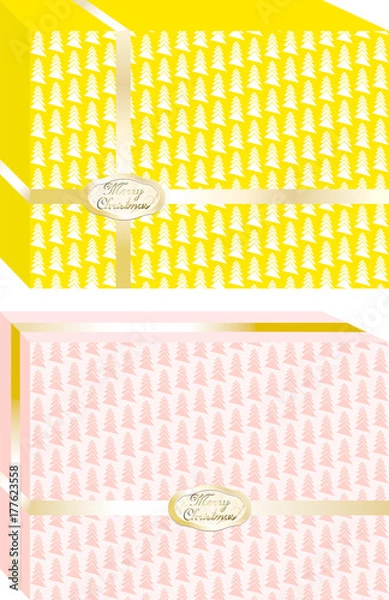 Fototapeta Simple and elegant Christmas gifts boxes , decorated with trees and ribbon around, yellow and pink