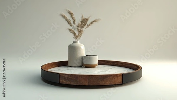 Fototapeta Decorative tray with a vase of dried grass and a small pot.
