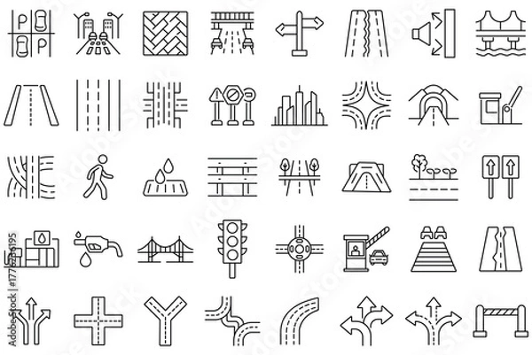 Fototapeta Road infrastructure icon vector set. Icons for highways, construction, traffic, transport, bridges, and road signs, direction, crossroad and more. Vector illustration. 