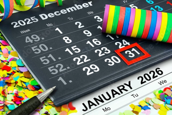 Obraz Calendar 2025 and 2026 December 31  New Years Eve and January with Party Decoration
