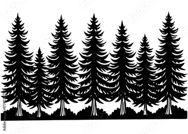 Fototapeta Forest vector silhouette of evergreen pine trees with natural ground line on a white background