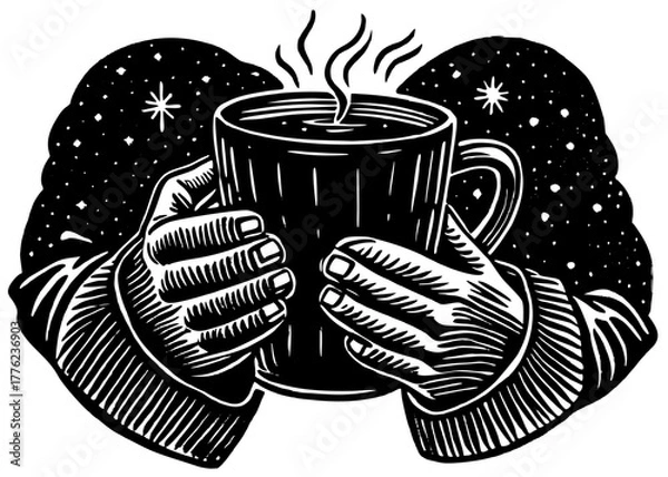 Obraz Warm hands holding a hot steaming mug vector silhouette illustration against a starry night sky background