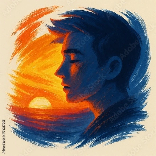 Fototapeta man at sunset in brushstroke