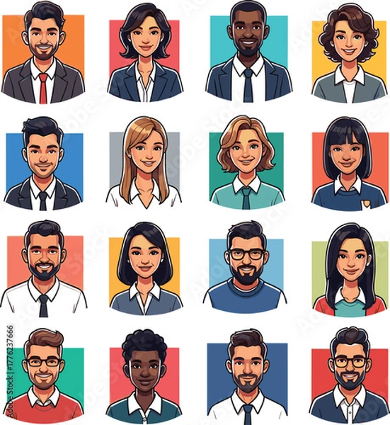 Fototapeta Corporate Business Avatar Icon Set Vector: Diverse Professional Men and Women Faces with Various Ethnicities