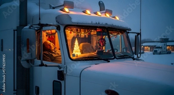 Fototapeta Snowy night outside a parked semi-truck, a lone driver enjoys a festive and cozy cabin interior illuminated by a small Christmas tree and twinkling holiday lights